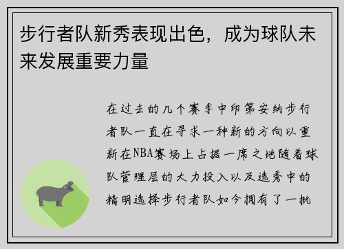 步行者队新秀表现出色，成为球队未来发展重要力量